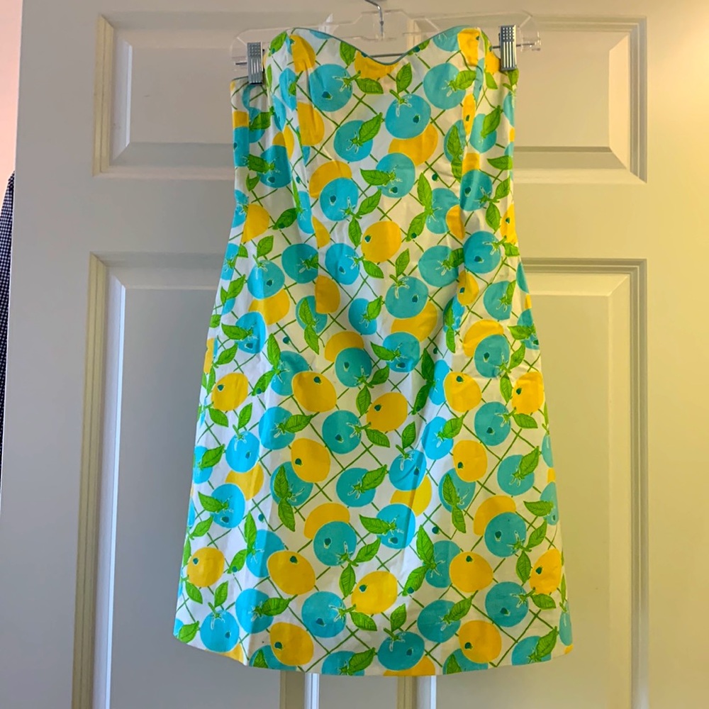 Lilly Pulitzer Strapless Citrus Print Sheath Dress in Yellow, Blue, Green - Picture 2 of 4
